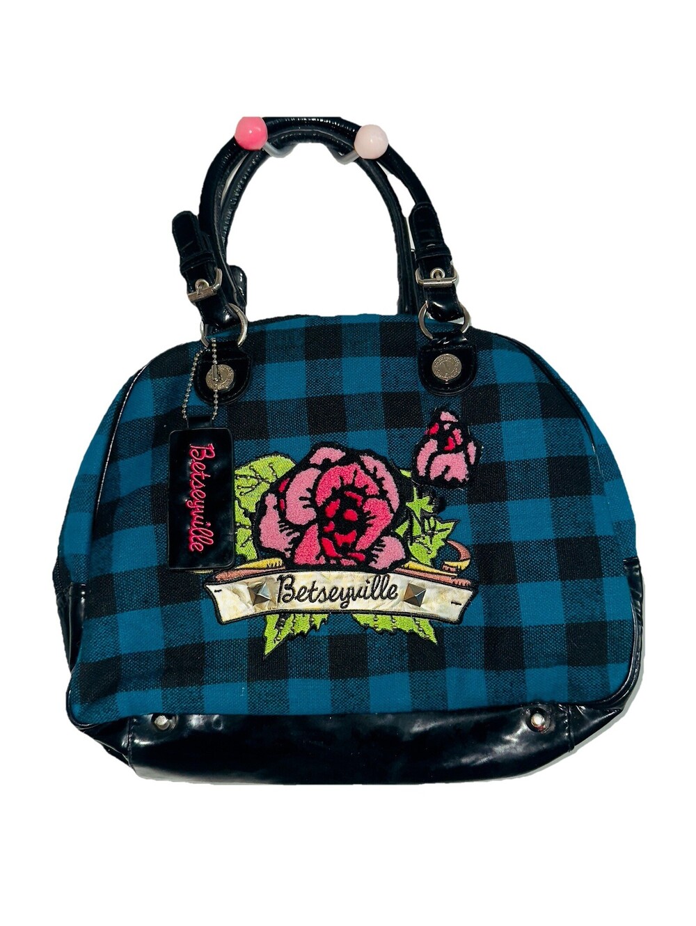 NWT Y2K Betsy Johnson Blue Plaid Bowler Handbag Bag Satchel Rockabilly Pin Up